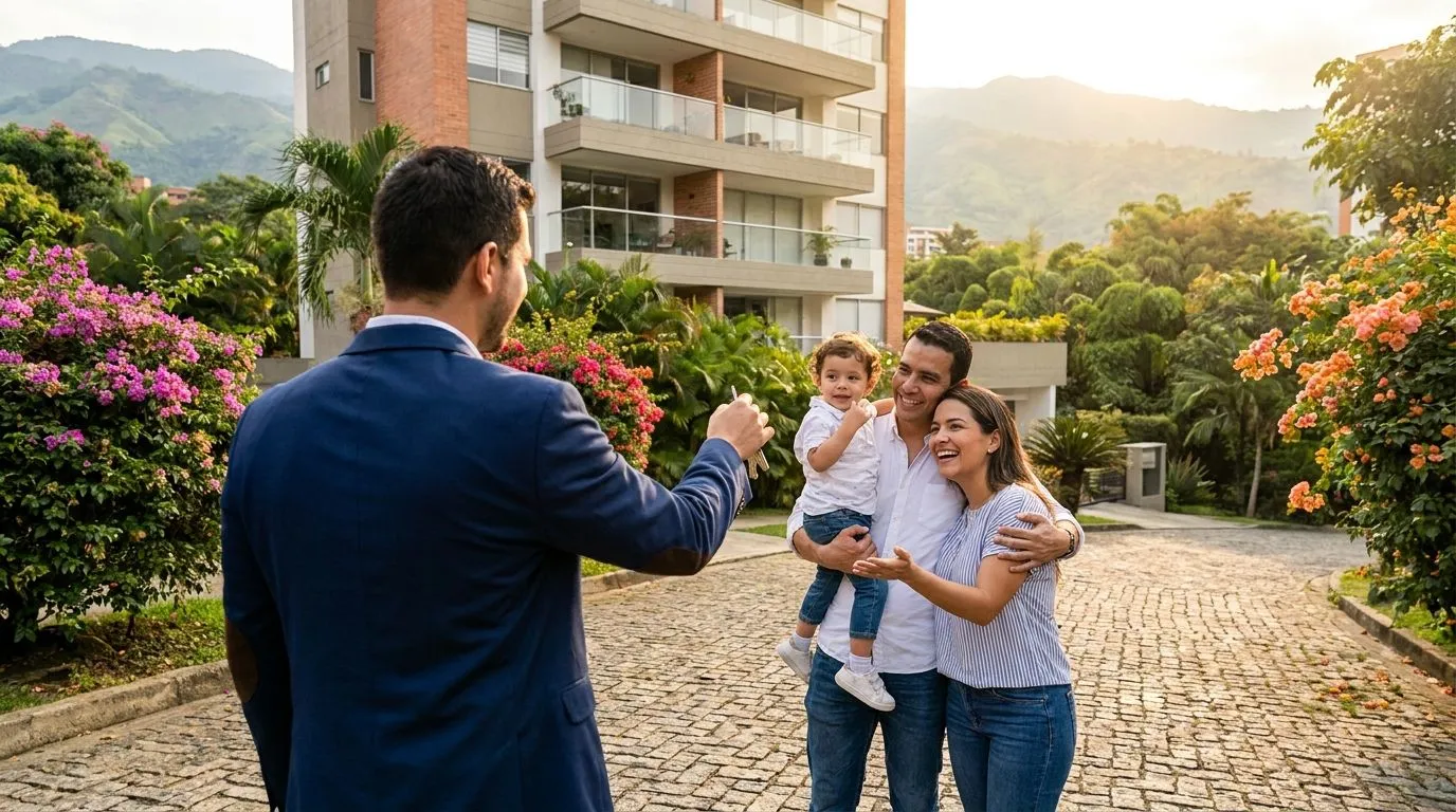Familia colombiana feliz recibiendo las llaves de su apartamento nuevo